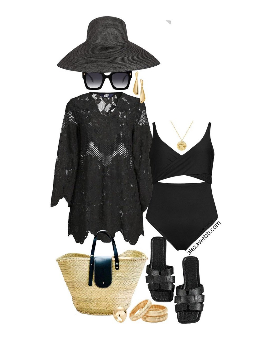 Plus Size Chic Black Swimwear -  A plus size swimsuit with a black lace swim cover-up, straw tote bag, flat sandals, and straw hat. So chic for the beach or pool. Alexa Webb

#LTKStyleTip #LTKPlusSize #LTKSwim