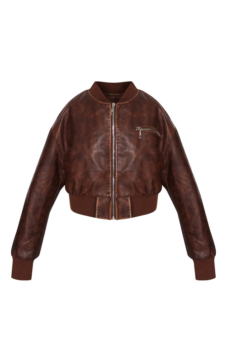 Brown Faux Leather Mottled Texture Zip Detail Bomber Jacket | PrettyLittleThing UK