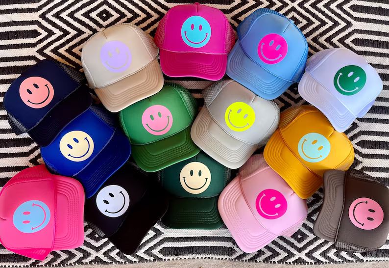 Smiley Face Trucker Hat Happy Hues Collecti, Smiley Face Trucker Hat, Smiley Face Hat, Trucker Ha... | Etsy (US)