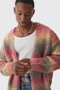 Oversized Boxy Brushed Stripe Knitted Cardigan | boohooMAN (US & Canada)