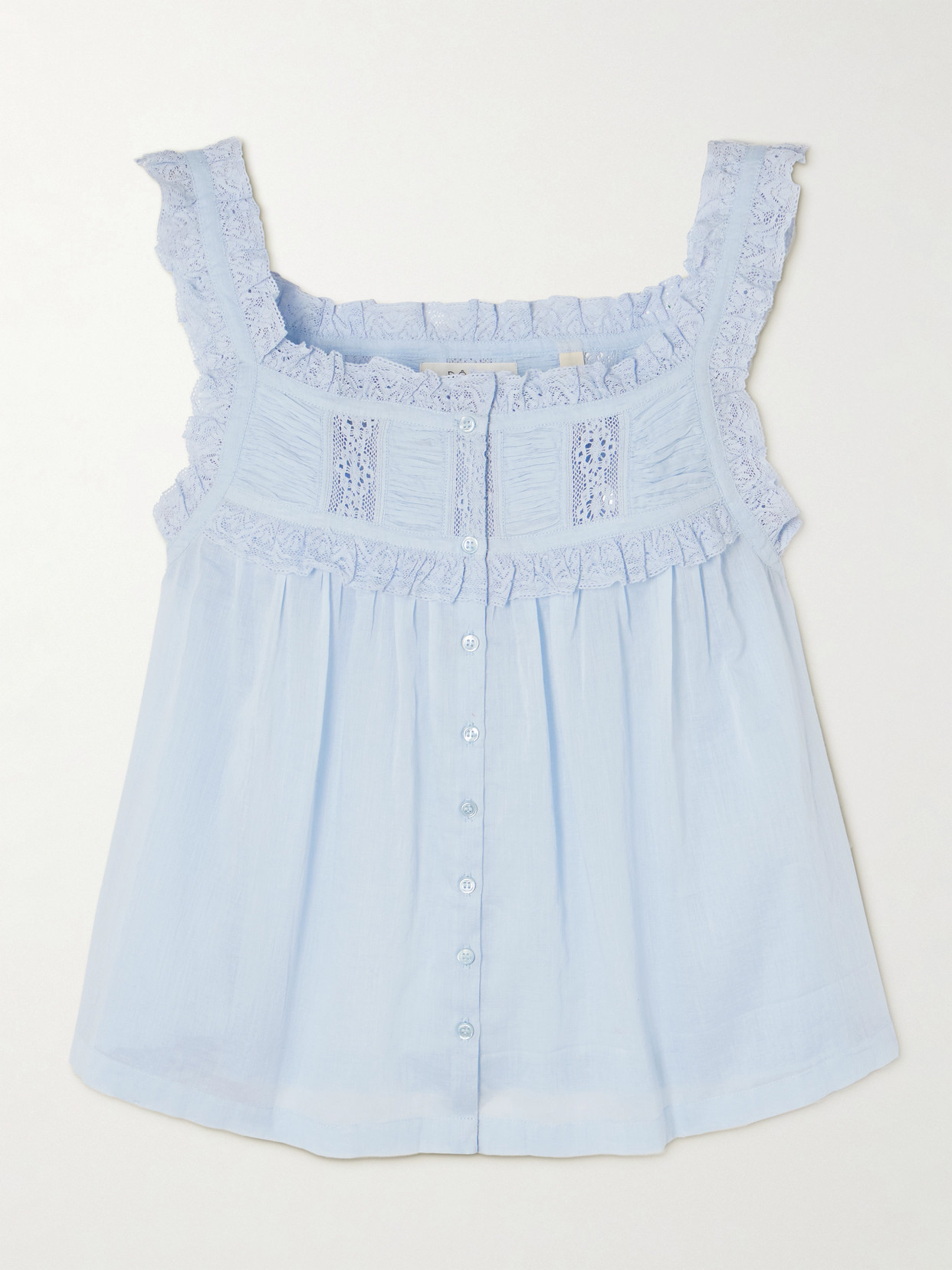 DÔEN - Fidella Cropped Lace-trimmed Organic Cotton-voile Top - Blue | NET-A-PORTER (US)