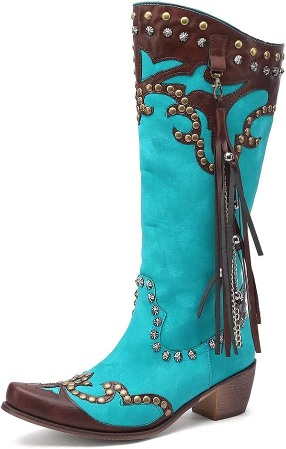 Tscoyuki Women's Studded Western Mid Calf Boots, Pointed Toe Pull Up Chunky Heel Cowboy Cowgirl D... | Amazon (US)