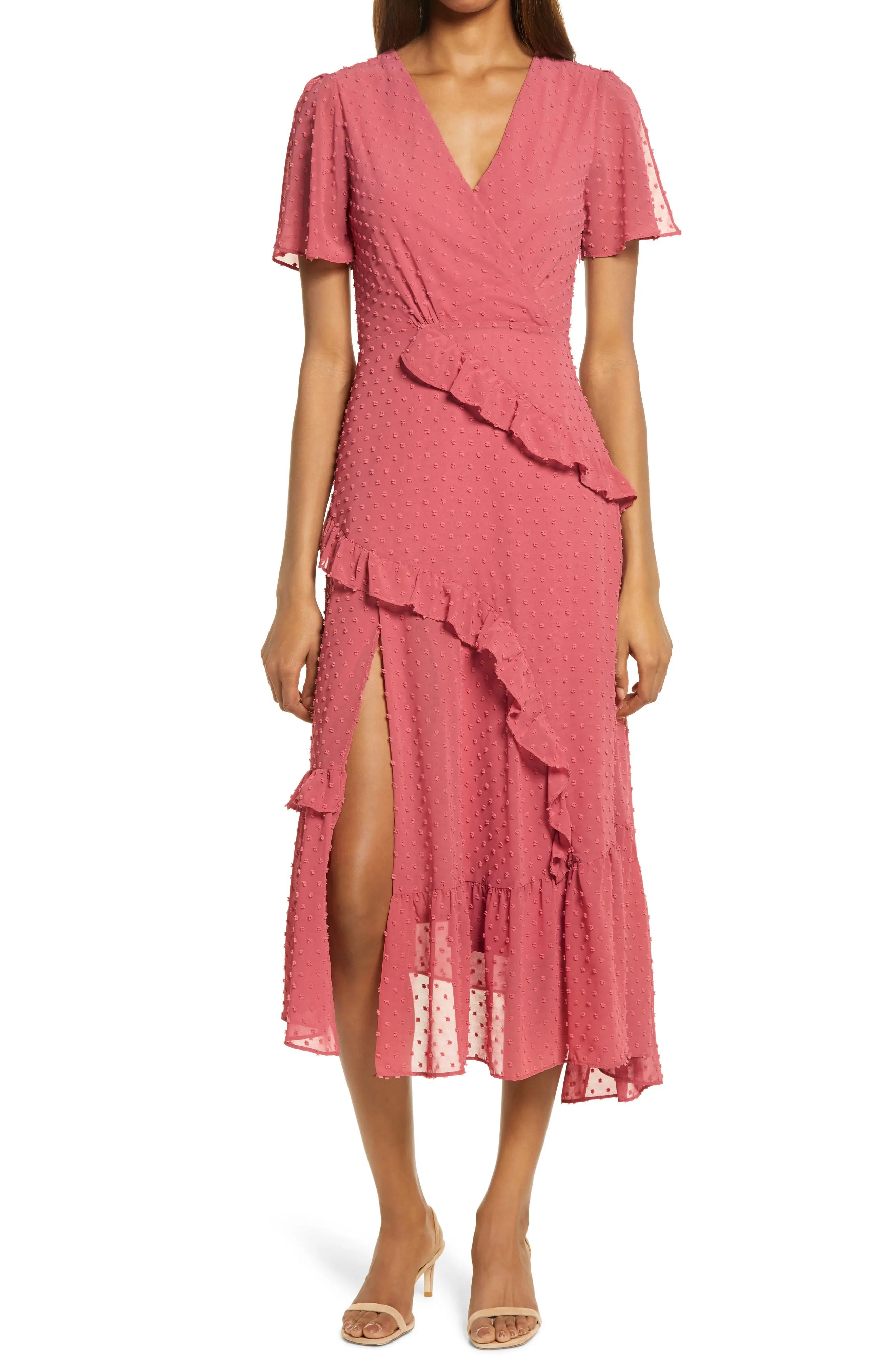 Lulus Next to You Swiss Dot Midi Dress, Size Medium in Rusty Rose at Nordstrom | Nordstrom