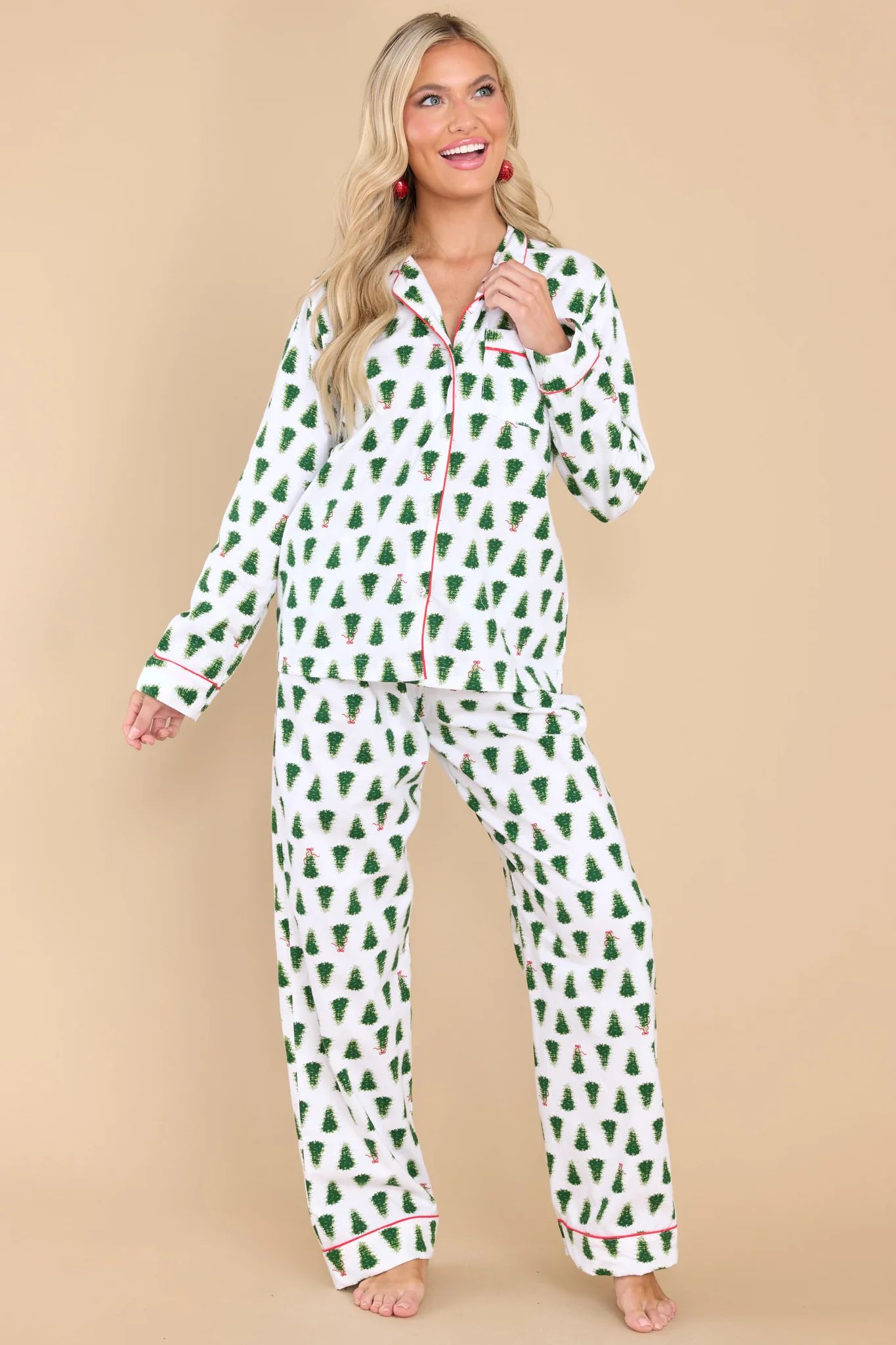 Warmest Holidays White Christmas Tree Pajama Set | Red Dress 