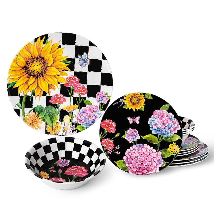 LEHAHA Sunflower 12-Piece Melamine Dinnerware Set Include Plates/Dishes and Bowls, Service for 4,... | Amazon (US)