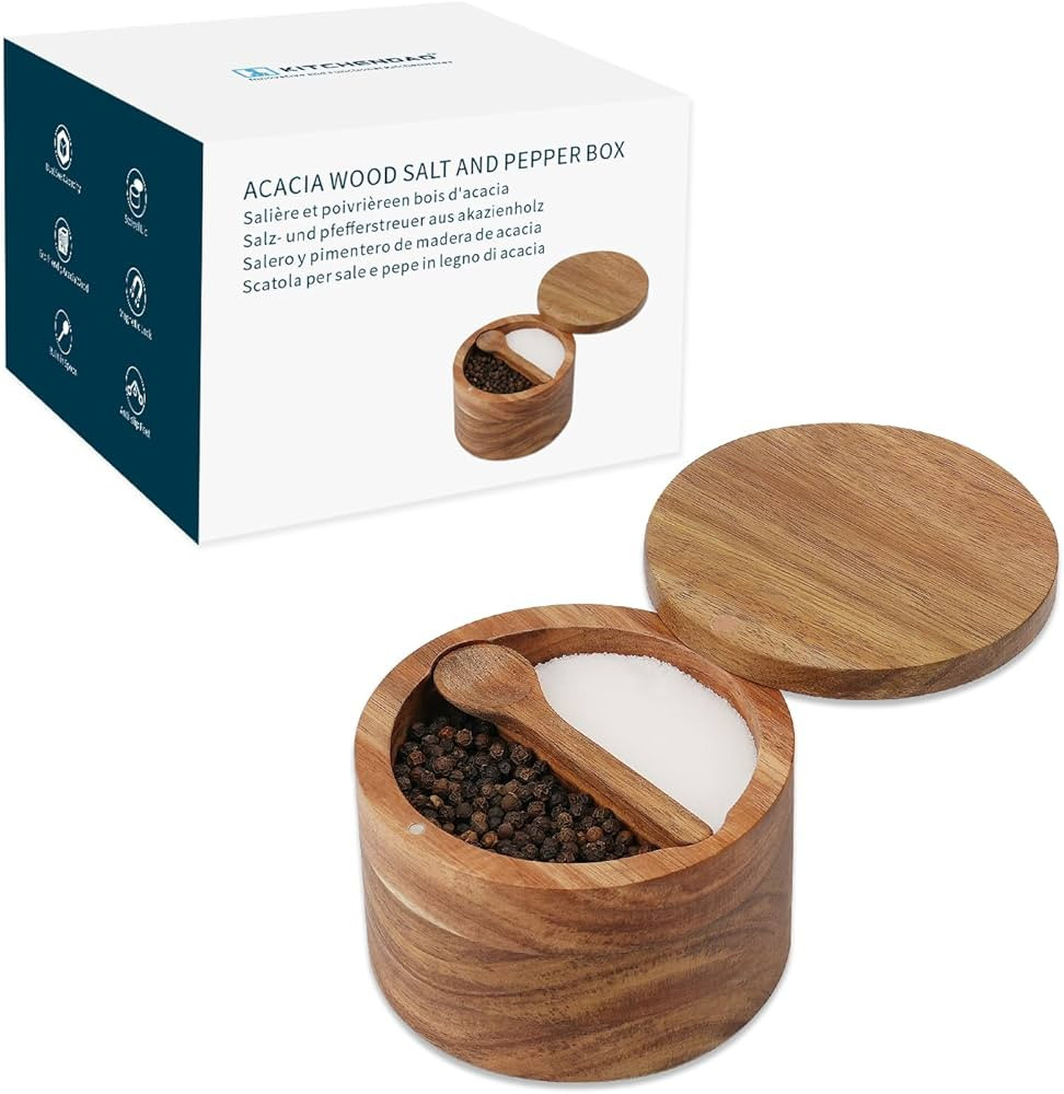 KITCHENDAO Acacia Wood Salt and Pepper Bowl Box,Built-in Spoon,Two Compartments Spice Seasoning C... | Amazon (US)