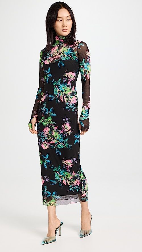 Shailene Turtleneck Long Sleeve Mesh Midi Dress | Shopbop