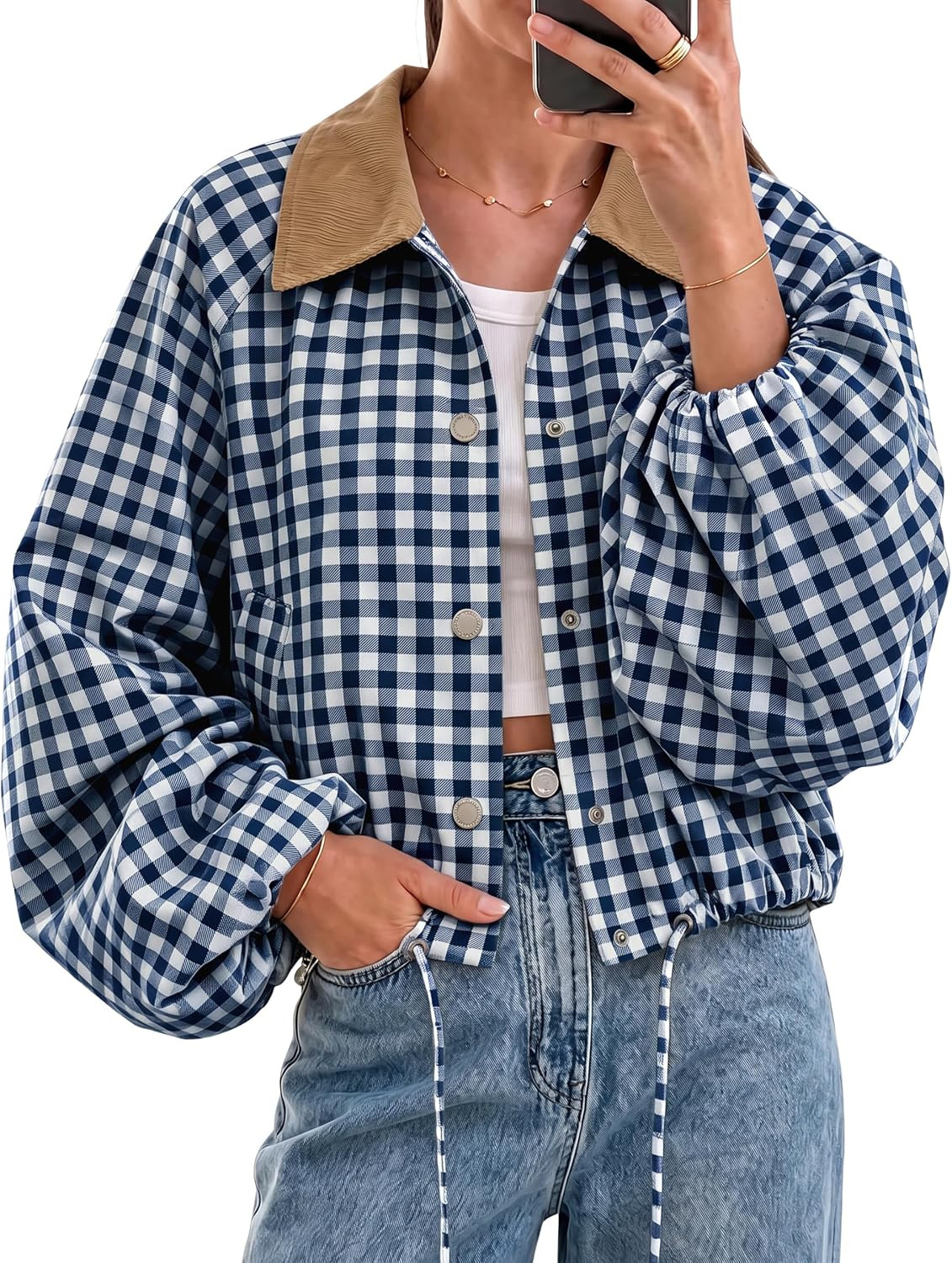 Women's Cropped Jacket Gingham Plaid Corduroy Collar Bomber Jacket | Amazon (US)