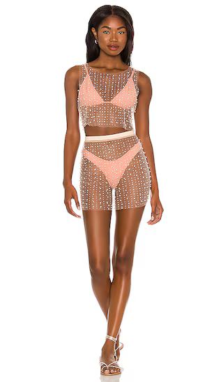 Glitzy Girl Mesh Pearl Top & Skirt Set in Nude | Revolve Clothing (Global)