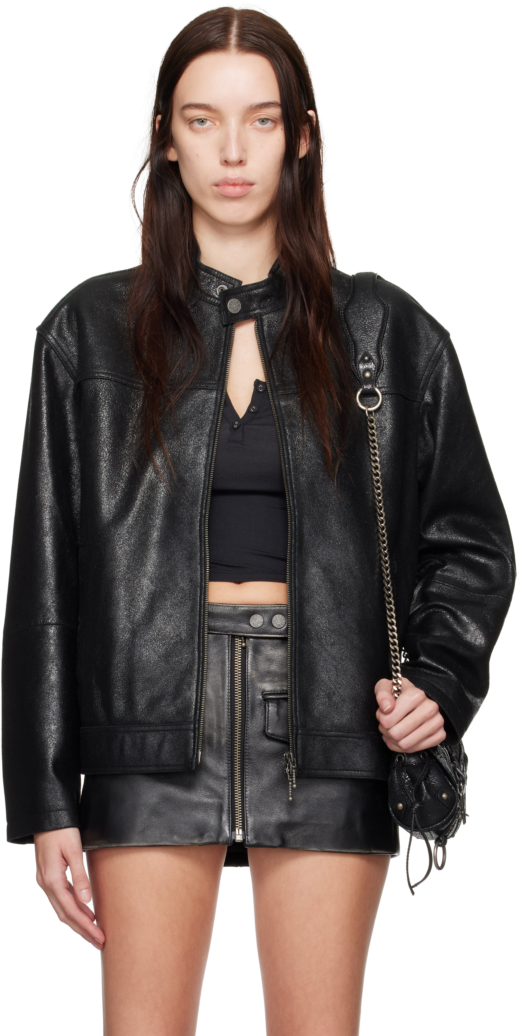 GUESS USA Black Crackled Leather Jacket | SSENSE