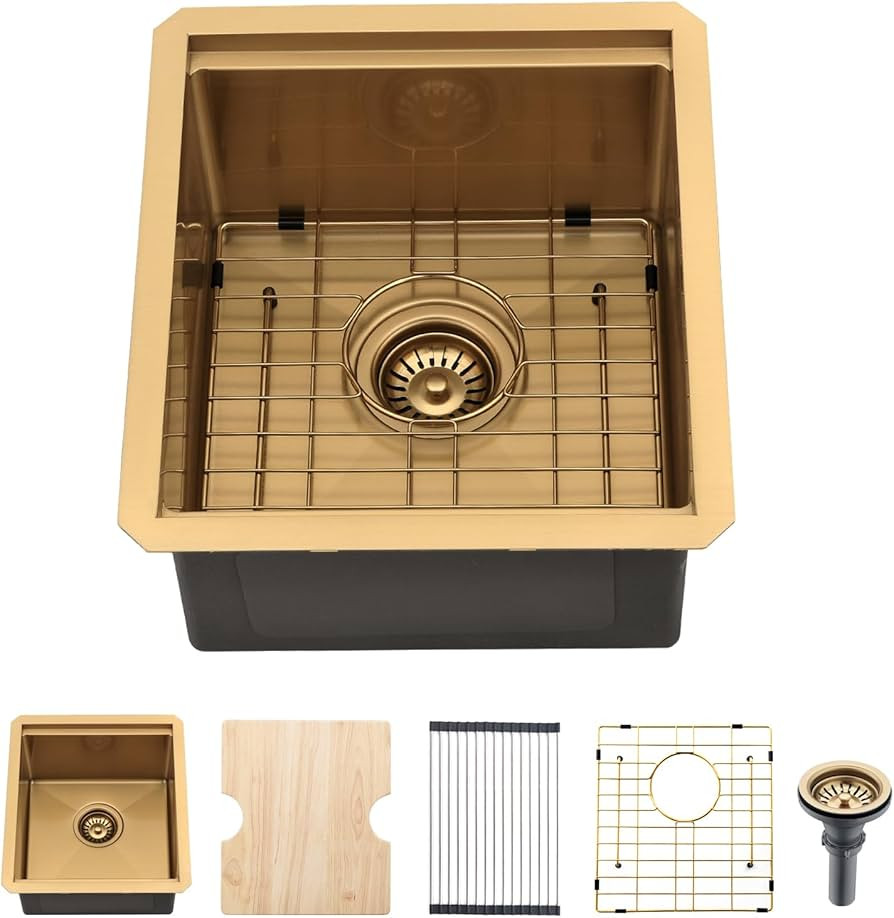 Gold Sink, 15 x 17 Inch Undermount Bar Sink Gold Wet Bar Sink 16 Guage Stainless Steel Small Sink... | Amazon (US)