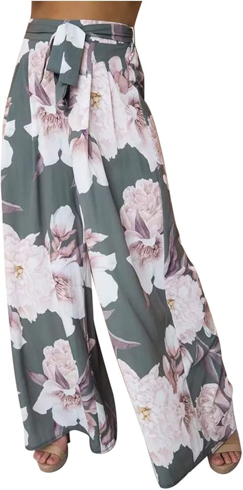 YOLAI Women's High Waist Chiffon Pants Casual Loose Wide Leg Trousers Floral Printed Comfy Lightw... | Amazon (US)