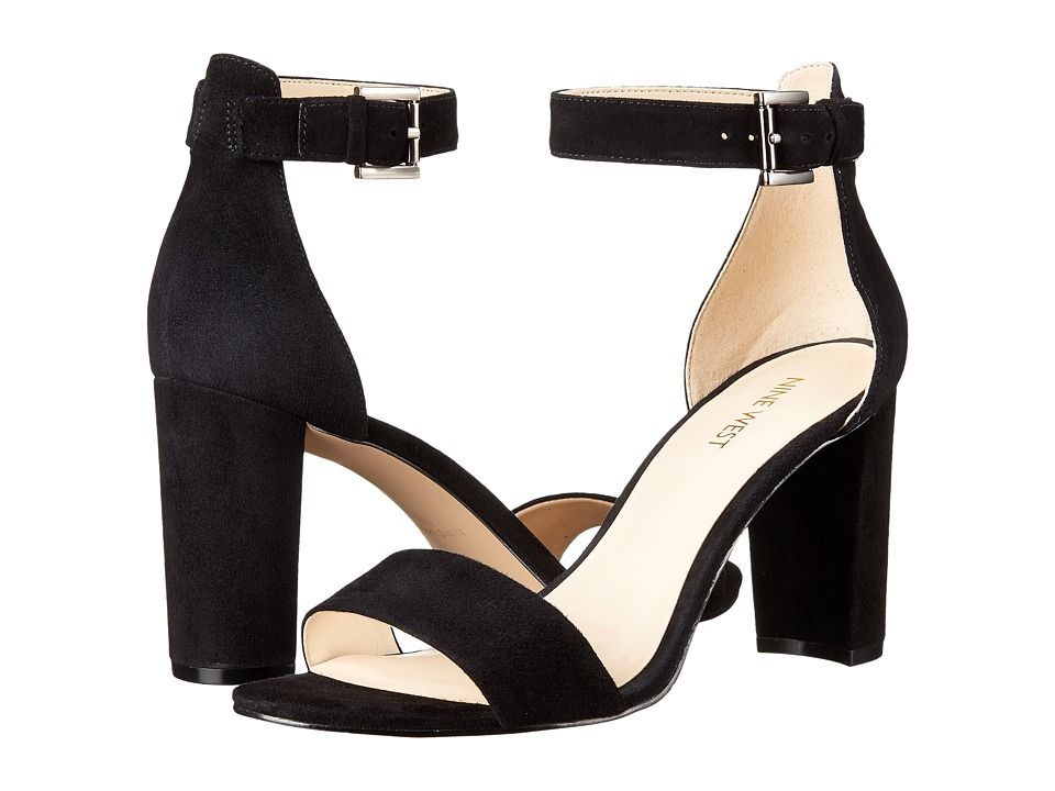 Nine West Nora Block Heel Sandal (Black Suede) Women's Shoes | Zappos