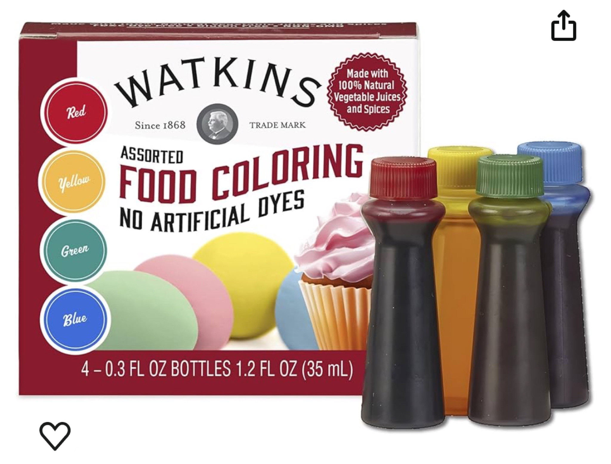 Watkins Assorted Food Coloring, 1 Each Red, Yellow, Green, Blue, Total Four .3 oz bottles

#LTKwedding #LTKhome #LTKparties