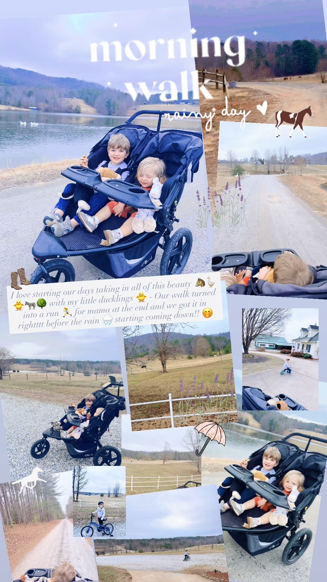 I love starting our days taking in all of this beauty 🐴🪿🐥🫏🌳 with my little ducklings 🐥 - Our walk turned into a run 🏃‍♀️ for mama at the end and we got it in rightttt before the rain 🌧️ starting coming down!! 🤭

#LTKmomlife #LTKdayinmylife
