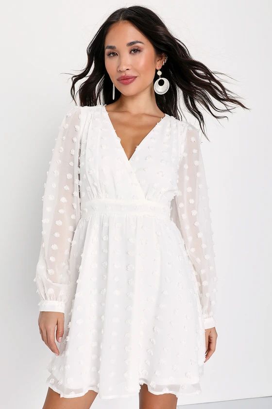 Always on Repeat White Clip Dot Long Sleeve Mini Dress | Lulus