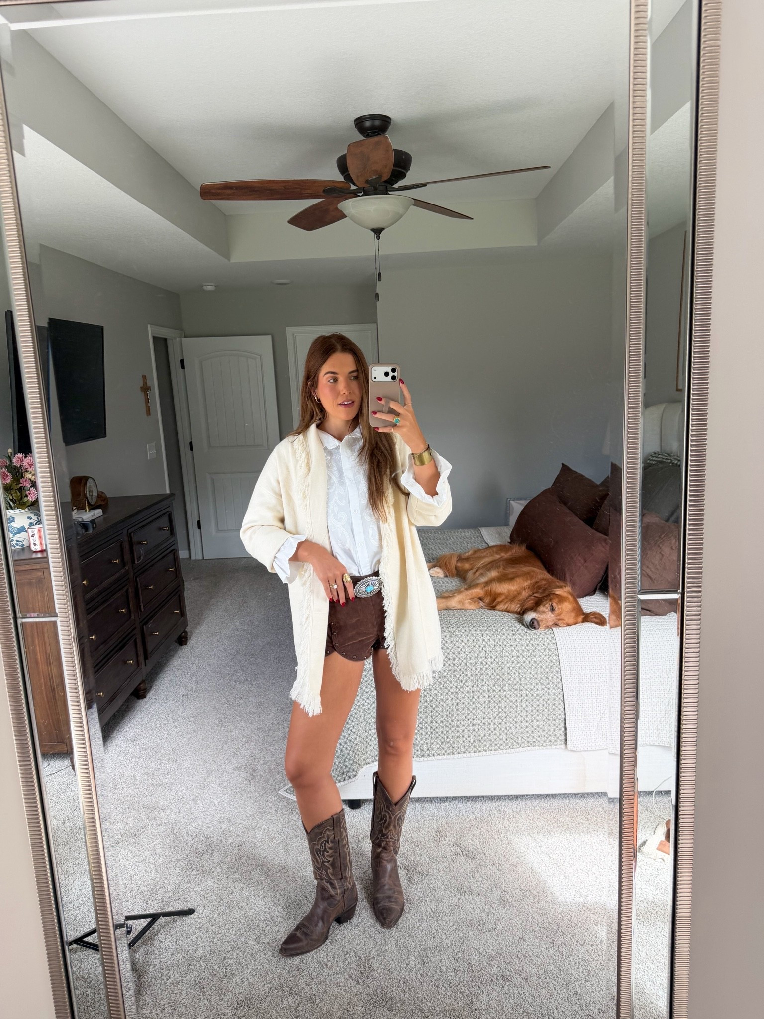 everything amazon linked is exact! sizing: medium in shirt, large in fringe sweater, size 4 in shorts, boots tts

#LTKdayinmylife #LTKgrwm #LTKootd
