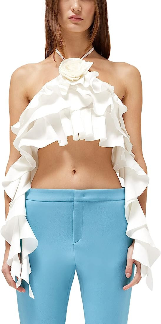 Women 3D Flower Sheer Mesh Tanks Ruffles Tassel See Through Crop Tops Sleeveless Spaghetti Stra... | Amazon (US)