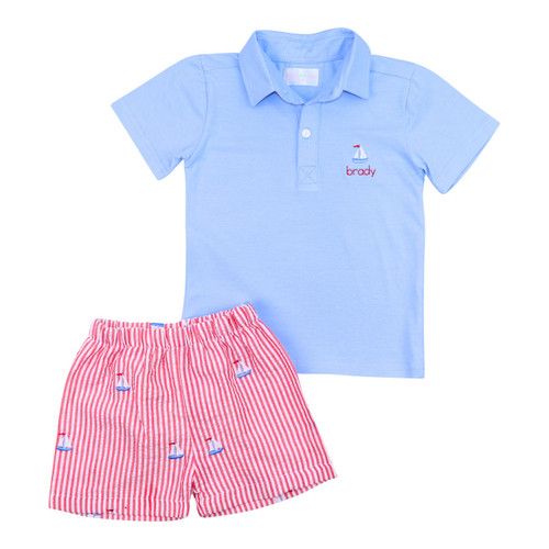 Blue And Red Seersucker Embroidered Sailboat Polo Short Set | Cecil and Lou