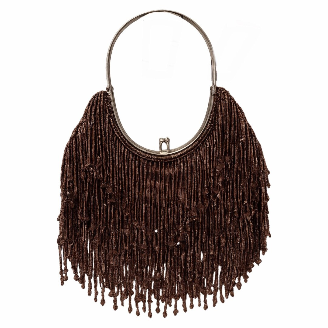 Vintage Y2K Brown Beaded Fringe Shoulder Handbag with Metal Ring Handle - Boho | Etsy (US)