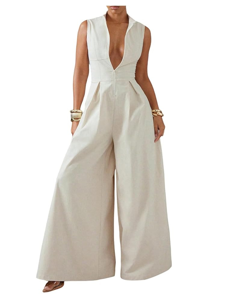 Verdusa Women's Zip Up Wide Leg Jumpsuits Sleeveless One Piece Dressy Rompers | Amazon (US)