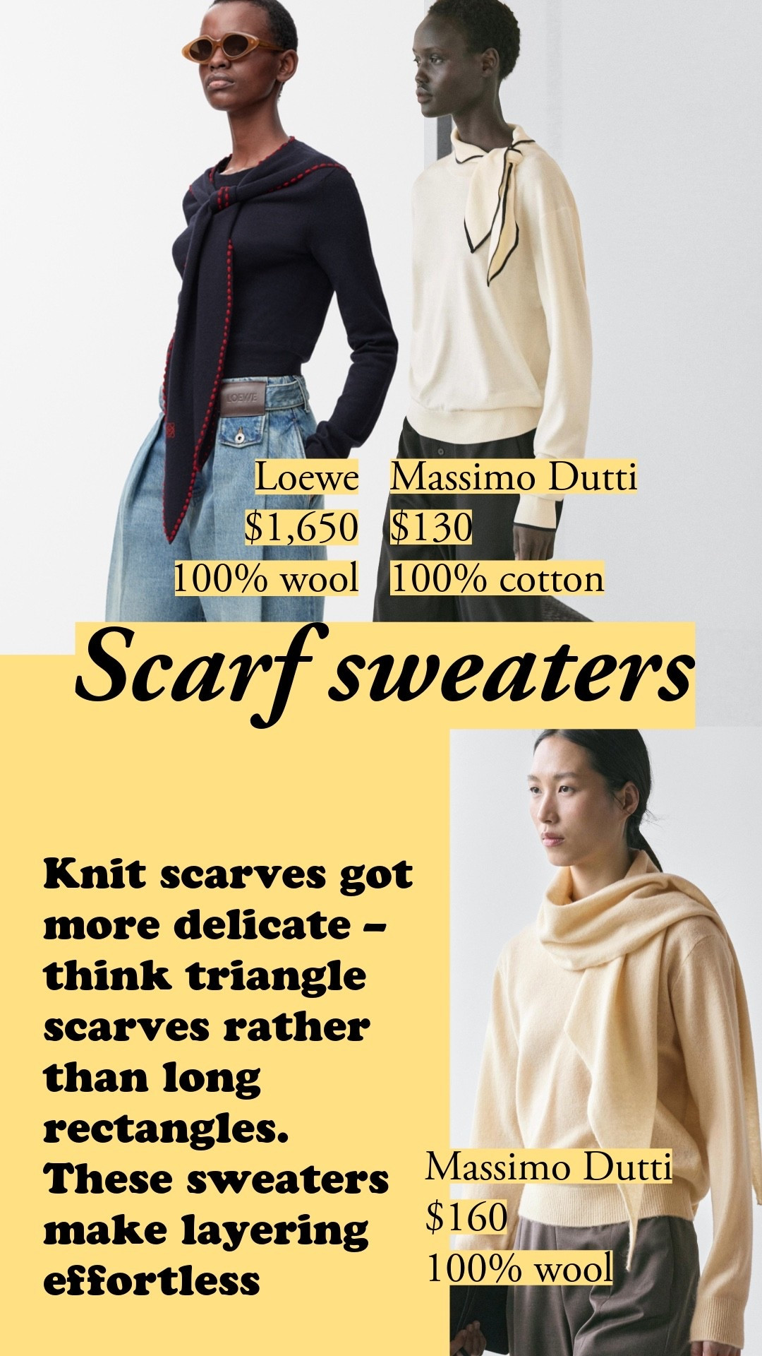 Knit scarves got more delicate in shape lately – think triangle scares rather than wide rectangles. I've got triangle scarves here, plus sweaters that integrate scarves with this look. These sweaters make layering effortless.

#LTKootd