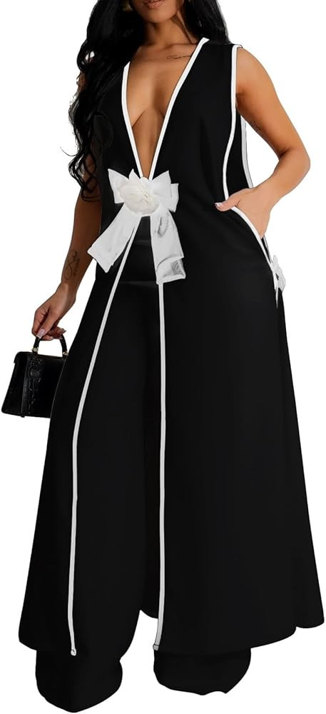 Womens Sleeveless Suit Vest Dress Wide Leg Pants Business Casual Blazer Set Multi Pockets Overall... | Amazon (US)