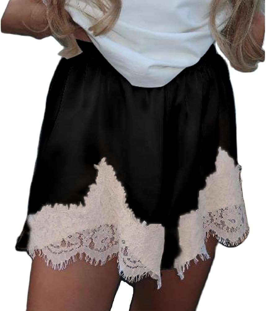 Women Satin Silk Lace Shorts Lace Trim Satin Pettipants Elastic Waist Silk Slip Shorts Lounge Bot... | Amazon (US)