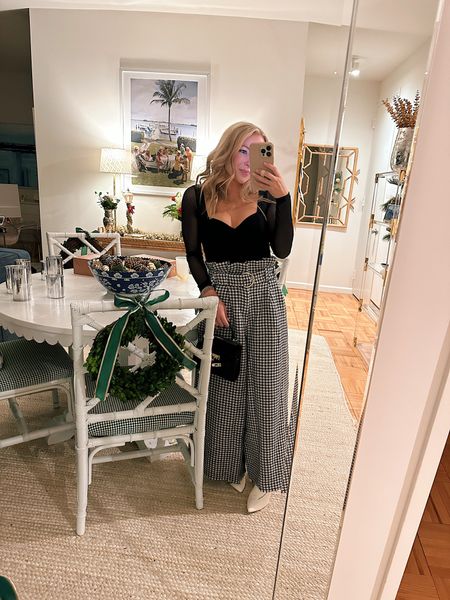Date night look for dinner with Johnny this weekend! The bodysuit is true to size but the pants run long (I just cut them and they actually look great!!) 🖤 #ShopRedDress #Abercrombie #booties 

#LTKHoliday #LTKSeasonal #LTKitbag