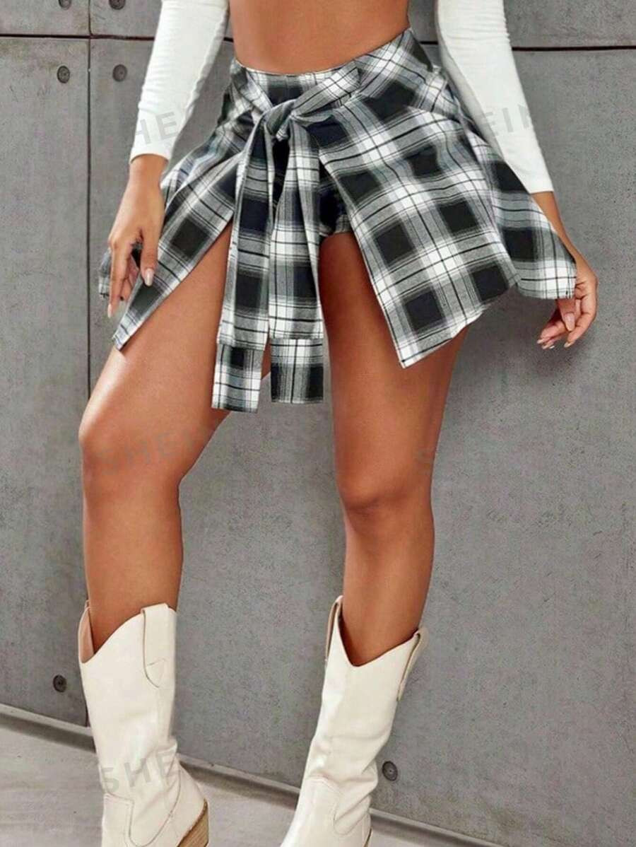Y2K Street Plaid Print Tie Front Asymmetrical Hem With Cover Up Shorts | SHEIN