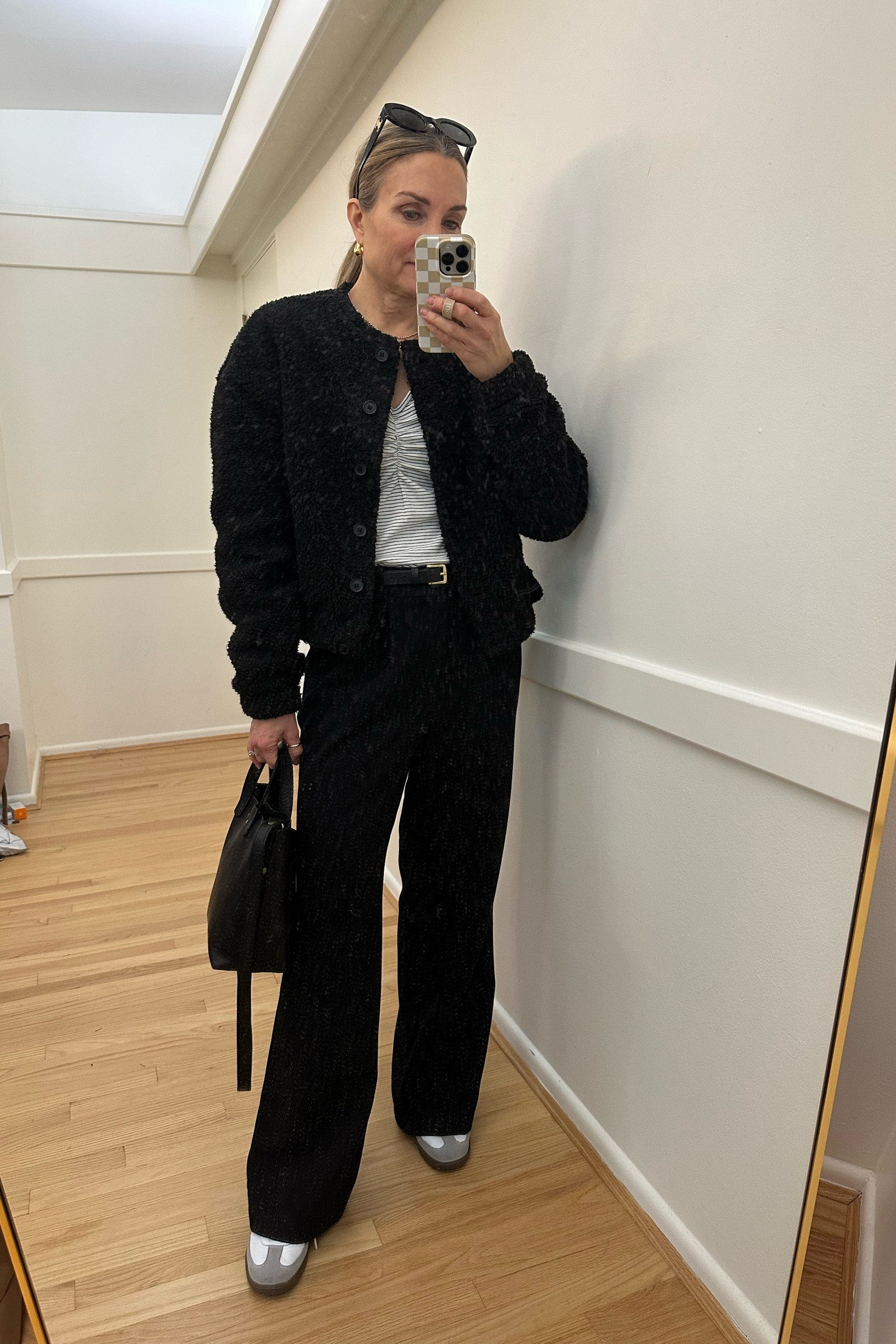 Casual Friday outfit inspo! Kohls wide leg black trousers with striped long sleeve top, boucle bomber jacket and Adidas Sambas. Size up in pants. Wearing a medium. #ltksalealert

#LTKsalealert #LTKfindsunder50