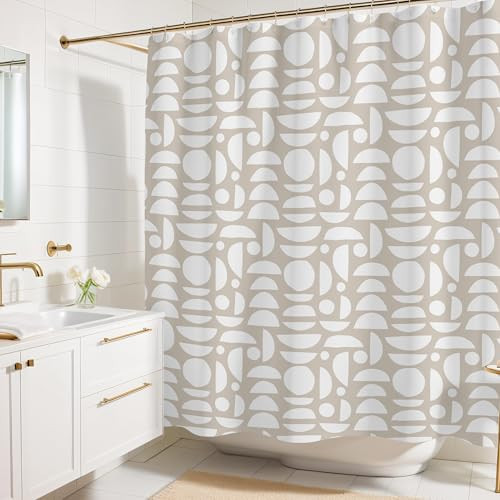 Beige White Abstract Print Shower Curtain - Boho Pattern - Modern Minimalist Home Decor - Neutral Scandi Style Fabric Shower Curtain For Any Bathroom - 72x72 Inches (Neutral Half Circle) | Amazon (US)