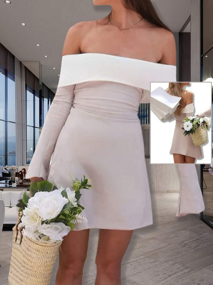 Off Shoulder Flare Sleeve Mini Dress Y2k Style Tiered Dresses Bodycon Splicing Strapless Backless Elegant Short Dress | SHEIN