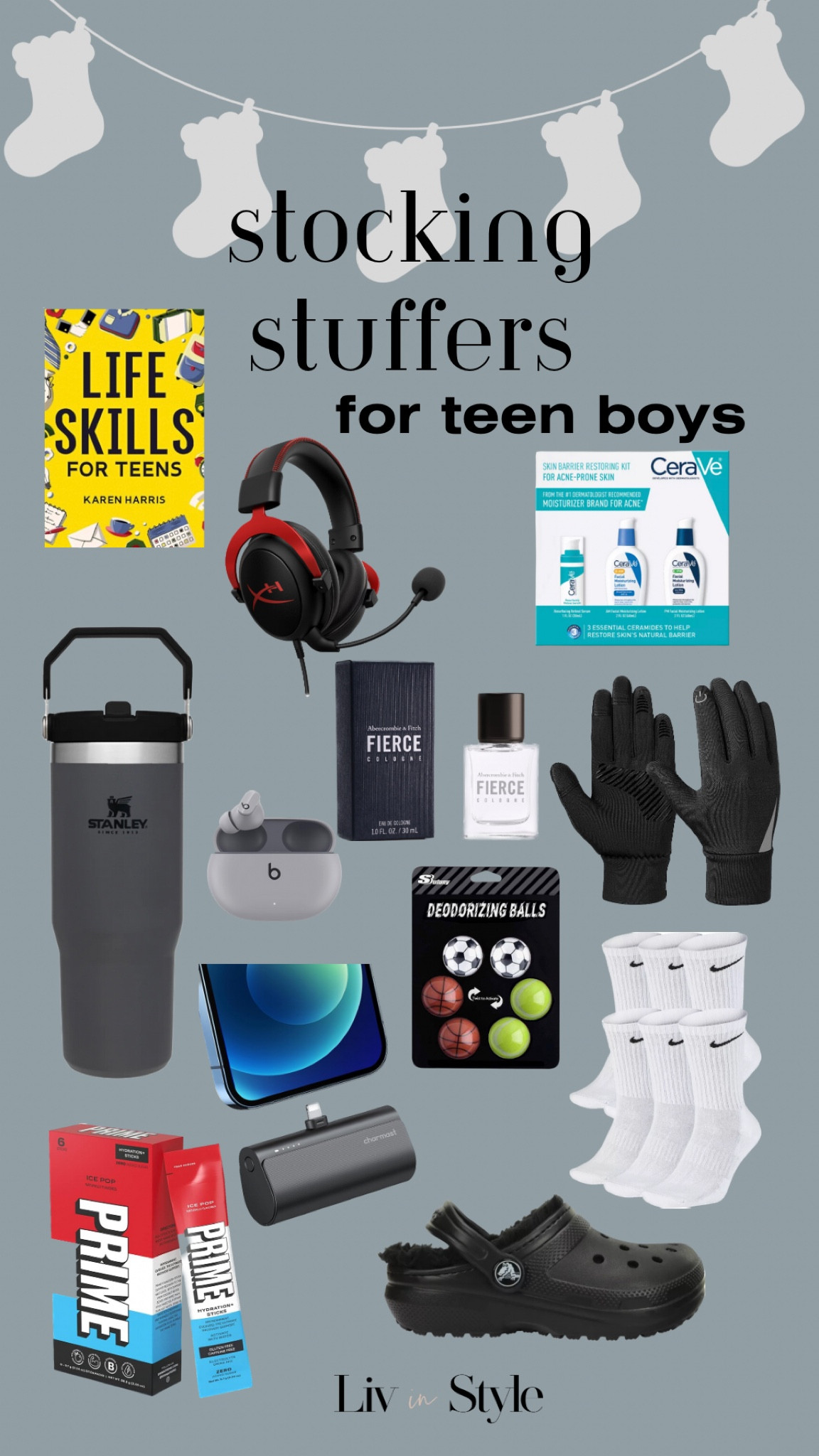 Stocking stuffer gift ideas for teen and tween boys. Life skills book, gaming headphones, face wash gift set, Stanley, Beats Buds, cologne, gloves, portable charger, socks, deodorizer for their shoes, Prime packets and cozy Crocs!
#giftguides #giftsforteen 

#LTKCyberWeek #LTKGiftGuide #LTKHoliday