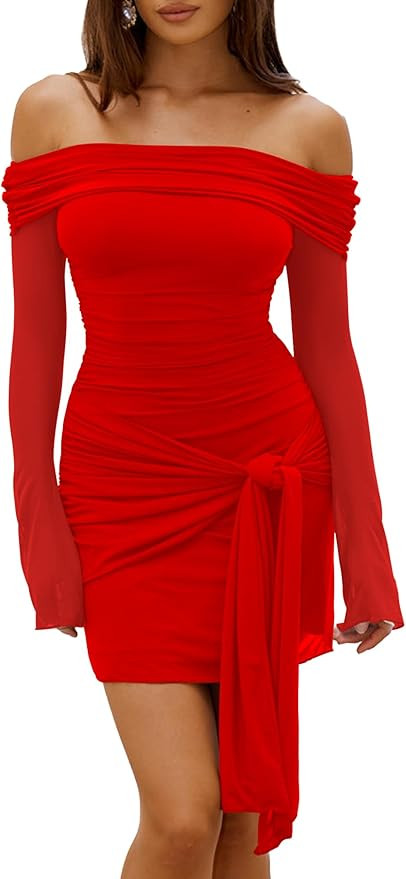 HOCILLE Women's Sexy Off Shoulder Bodycon Mini Dress Mesh Long Sleeve Wrap Tie Waist Ruched Party... | Amazon (US)