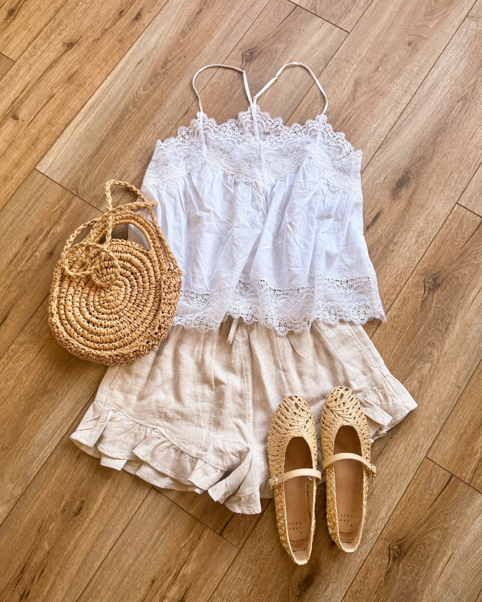 @abercrombie outfit🤍 lace tank top and ruffled linen shorts perfect for a beach vacation. spring break outfits. beach resort outfits. casual spring outfits. casual summer outfits. 

#LTKSeasonal #LTKTravel #LTKootd