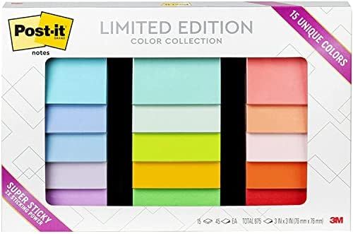 Post-it Notes Limited Edition Super Sticky Color Collection, 3x3 in, 15 Pads/Pack, 45 Sheets/Pad ... | Amazon (US)