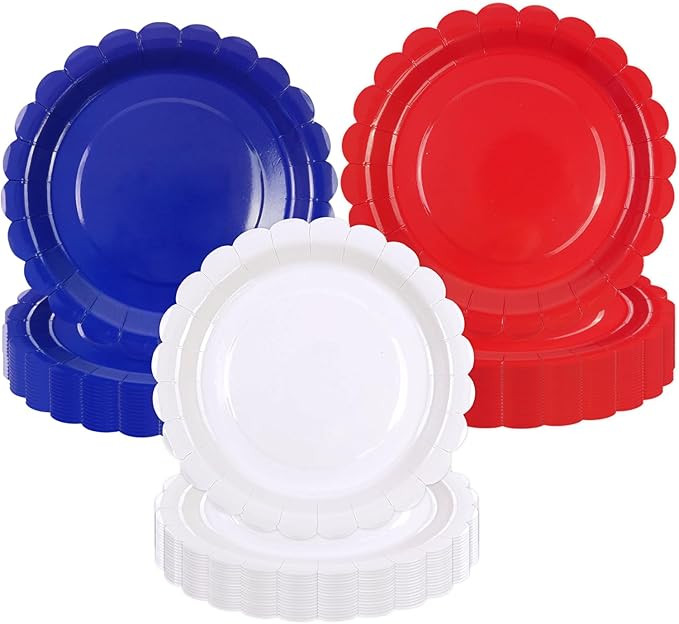 48 Pcs Red White Blue Paper Plates 7 Inch, Patriotic Scalloped Paper Plates Disposable Cake Desse... | Amazon (US)
