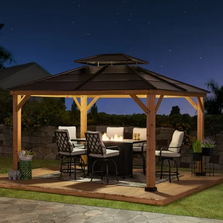 Sunjoy Missouri Collection 11 ft. x 13 ft. Cedar Framed Gazebo with Brown Steel 2-tier Hip Roof Hard | Walmart (US)