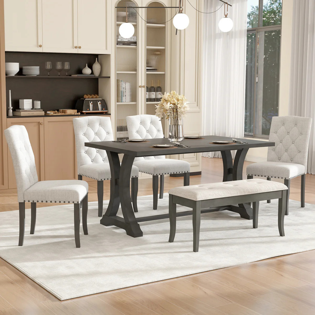 Streamdale 6-Piece Farmhouse Dining Table Set with Upholstered Chairs & Bench (Antique Gray) | Shop Simon