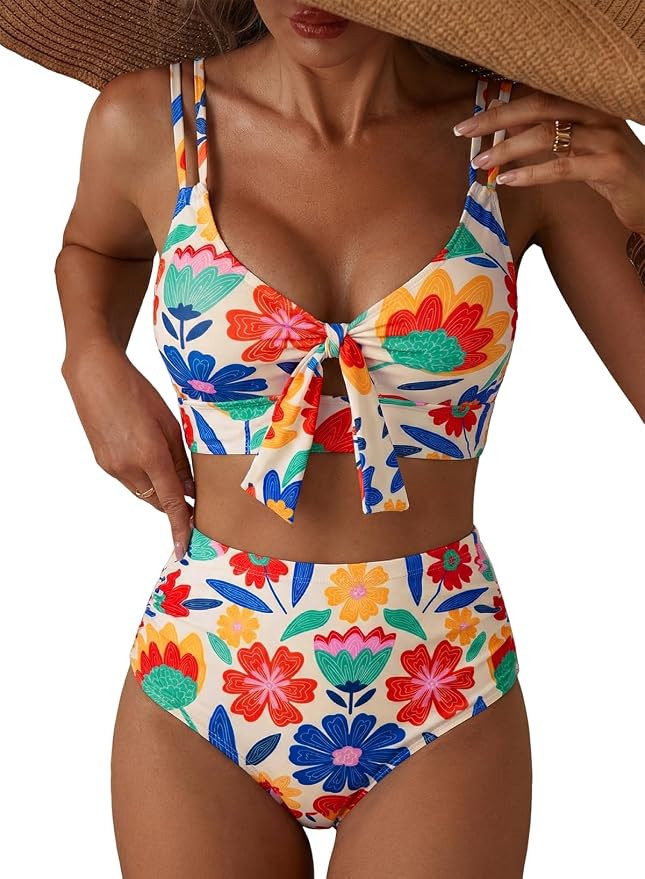 Women Bikini Sets Knotted Front 2 Piece Swimsuits Two Piece High Waisted Bathing Suit Double Stra... | Amazon (US)