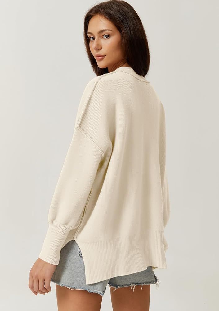 QINSEN Womens Mock Neck Long Sleeve Pullover Drop Shoulder Side Slit Street Tunic Sweater | Amazon (US)