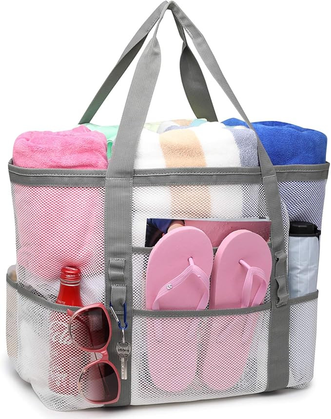 Beach Bag, F-color Mesh Beach Bag Oversized Beach Tote 9 Pockets Beach Toy Bag | Amazon (US)
