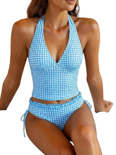 Women's Plaid Print Tankini Set Ruffle Halter Neck Tie Tops with Drawstring Ruched Bikini Bottom Two Piece Swimwear Blue | Amazon (US)