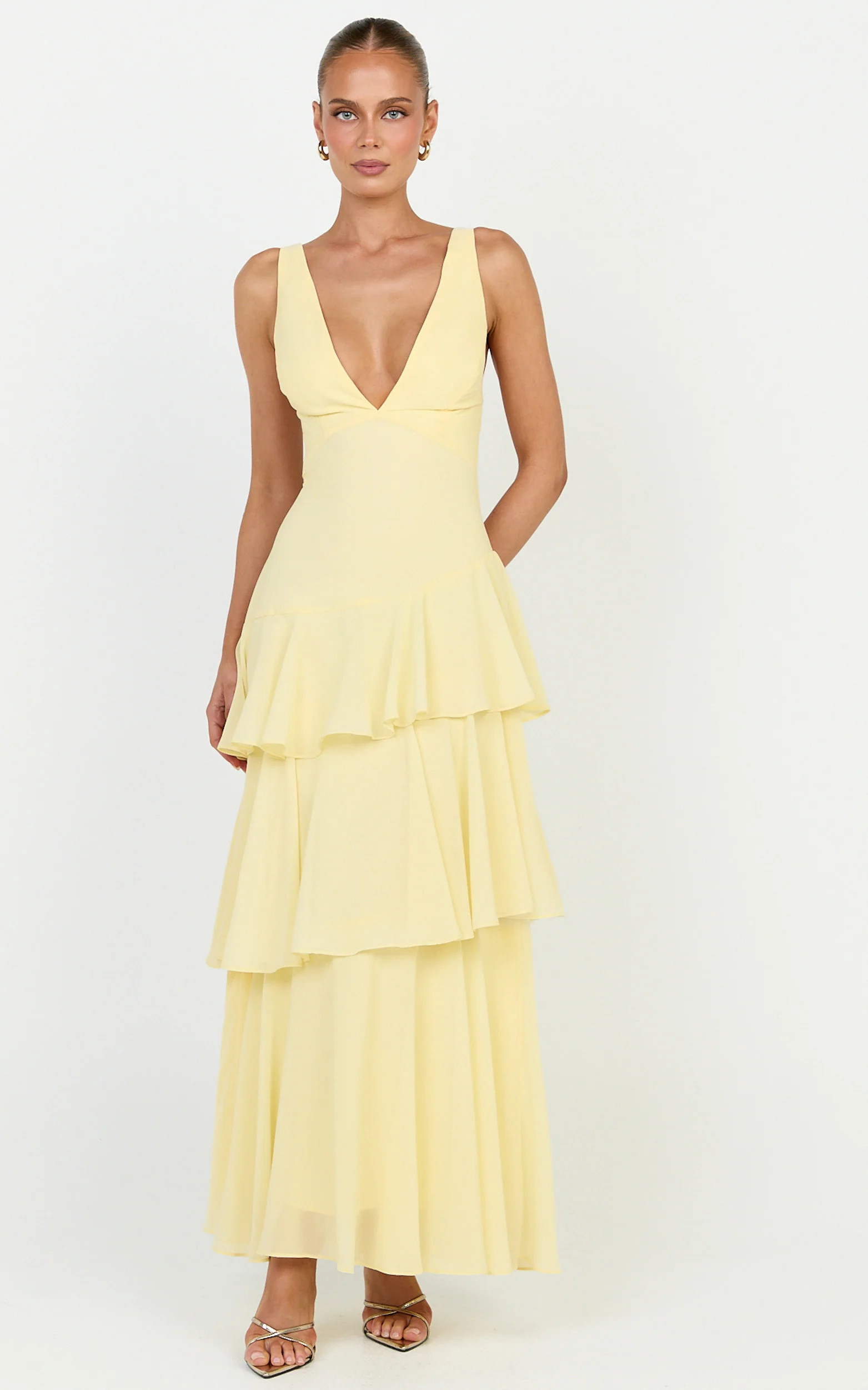 Beryl Midi Dress - Deep V Neck Sleeveless Layered Dress in Lemon | Showpo (US, UK & Europe)