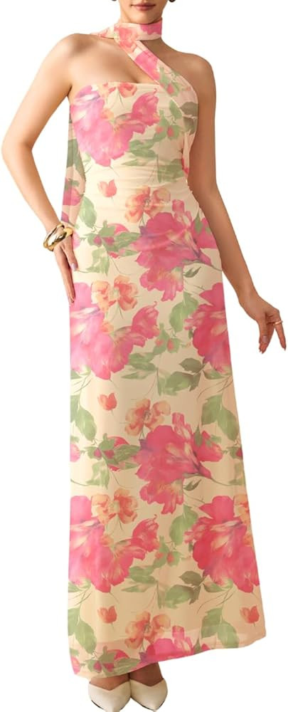 ChiaoLezhee Halter Scarf Dress for Women, Floor Length Bodycon, Elegant Wedding Guest, Floral Sem... | Amazon (US)