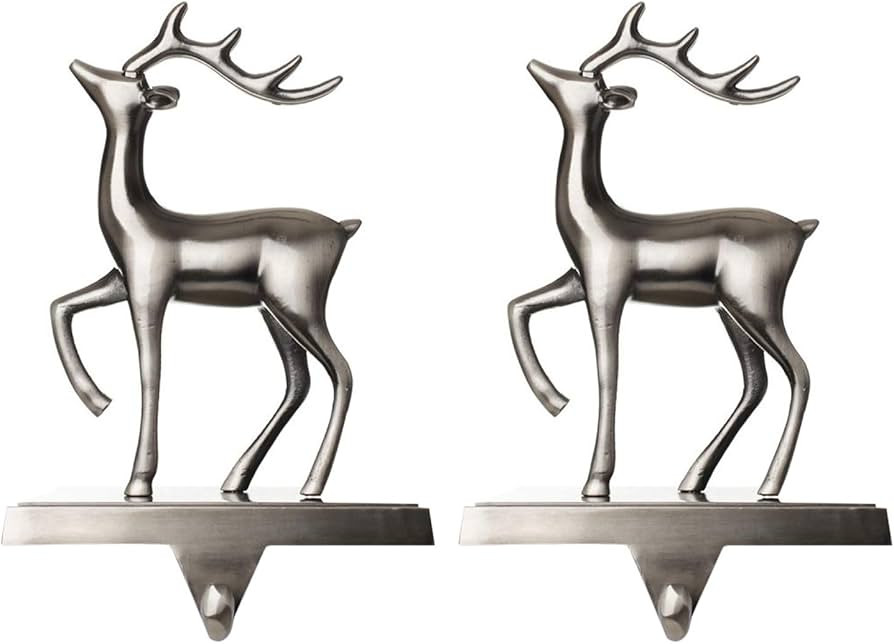 Klikel Stocking Holder Set of 2 - Christmas Reindeer Stocking Hanger For Mantel - Shiny Silver Me... | Amazon (US)