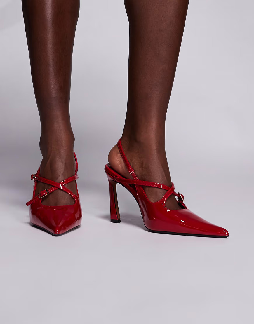 River Island buckle detail sling back heel in burgundy-Red | ASOS (Global)