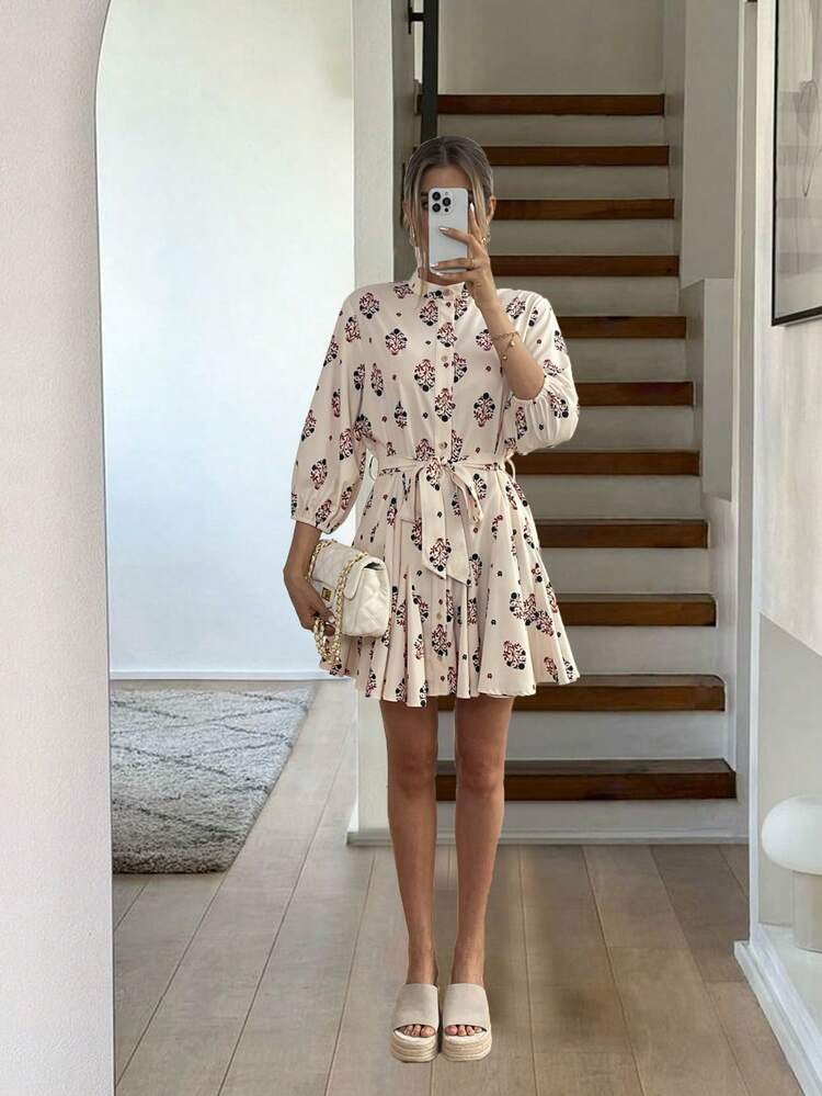 SHEIN Essnce Women  Floral Print Ruffle Hem Dress, Party Street Wear, Summer Dress, Autumn Dress,... | SHEIN
