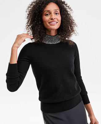 Women's 100% Cashmere Rhinestone Mock Neck Sweater, Macy's Exclusive | Macy's